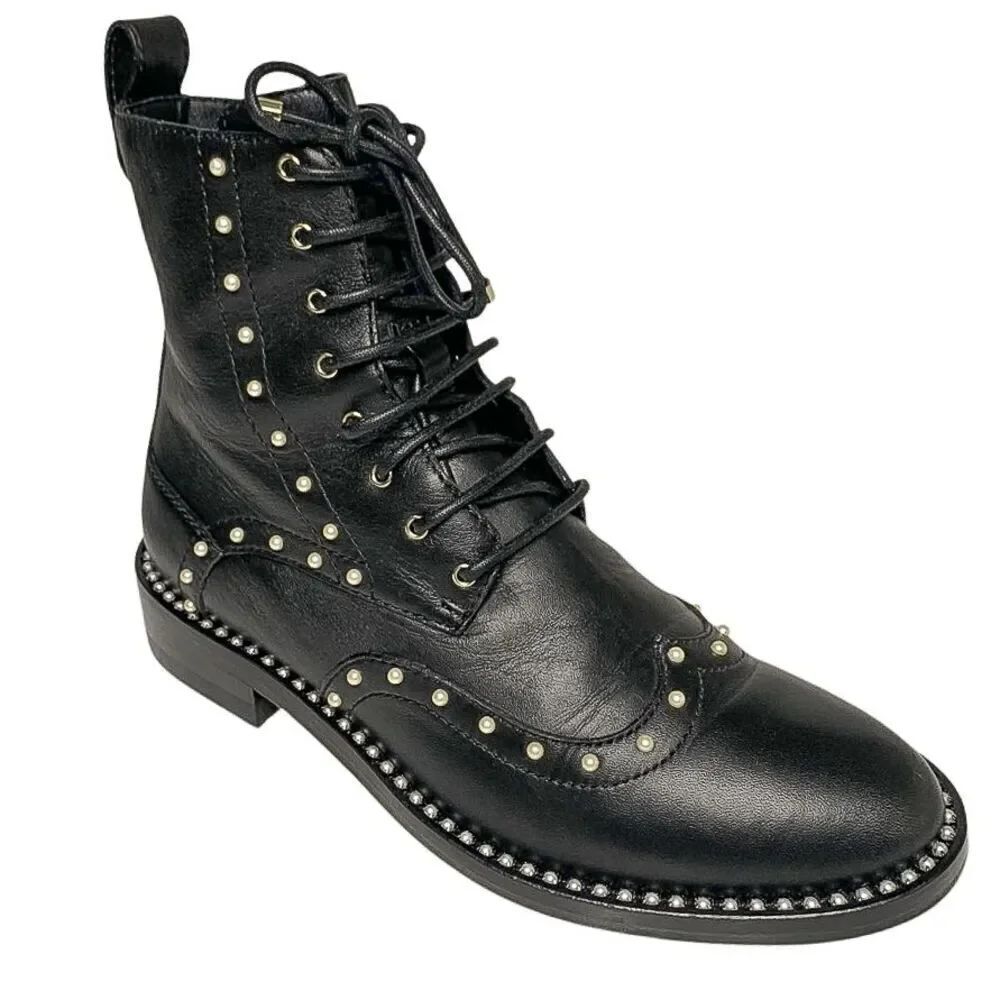 Jimmy Choo Hannah Faux Pearl-embellished Leather Motto Combat Ankle Boot EU 36.5